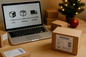Päckchen mit Macbook im HIntergrund, das Lieferstatus anzeigt.